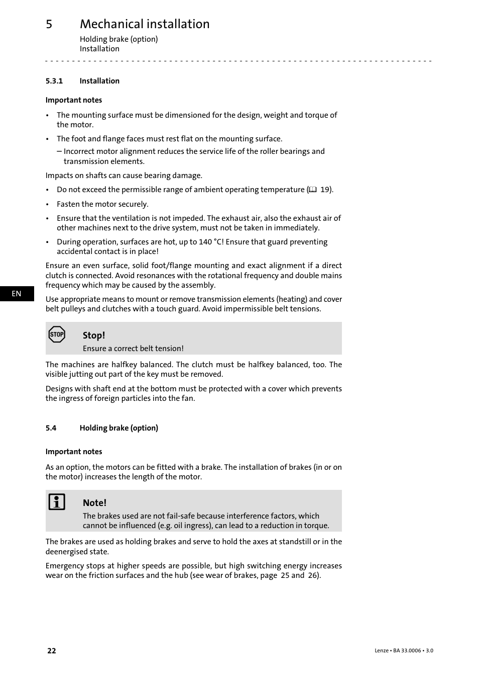 1 installation, 4 holding brake (option), Installation | Holding brake (option), Mechanical installation | Lenze MDFQA Operating Instructions User Manual | Page 22 / 48