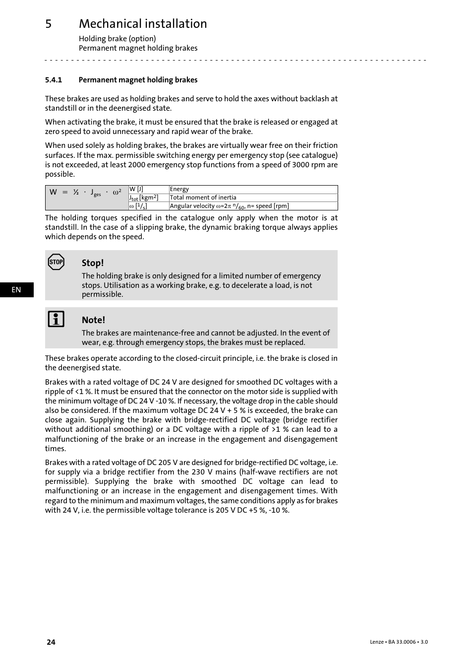 1 permanent magnet holding brakes, Permanent magnet holding brakes, Mechanical installation | Stop | Lenze MDFQA Operating Instructions User Manual | Page 24 / 48