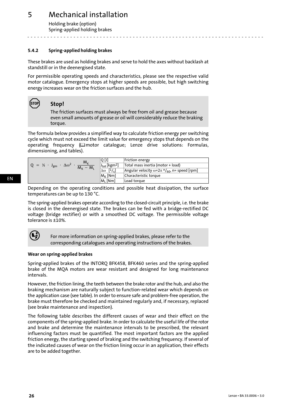 2 spring-applied holding brakes, Spring−applied holding brakes, Mechanical installation | Stop | Lenze MDFQA Operating Instructions User Manual | Page 26 / 48