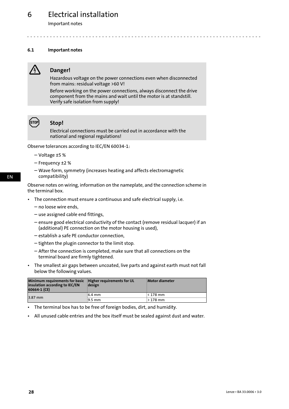 6 electrical installation, 1 important notes, Electrical installation | Important notes | Lenze MDFQA Operating Instructions User Manual | Page 28 / 48