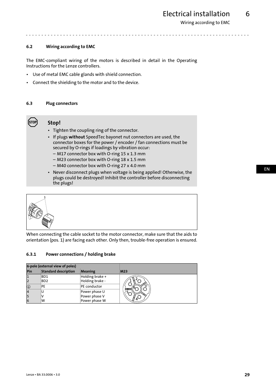 2 wiring according to emc, 3 plug connectors, 1 power connections / holding brake | Wiring according to emc, Plug connectors, Power connections / holding brake, Electrical installation | Lenze MDFQA Operating Instructions User Manual | Page 29 / 48