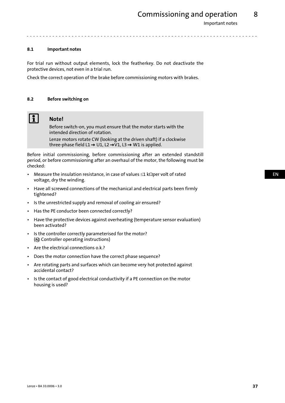 8 commissioning and operation, 1 important notes, 2 before switching on | Commissioning and operation, Important notes, Before switching on | Lenze MDFQA Operating Instructions User Manual | Page 37 / 48