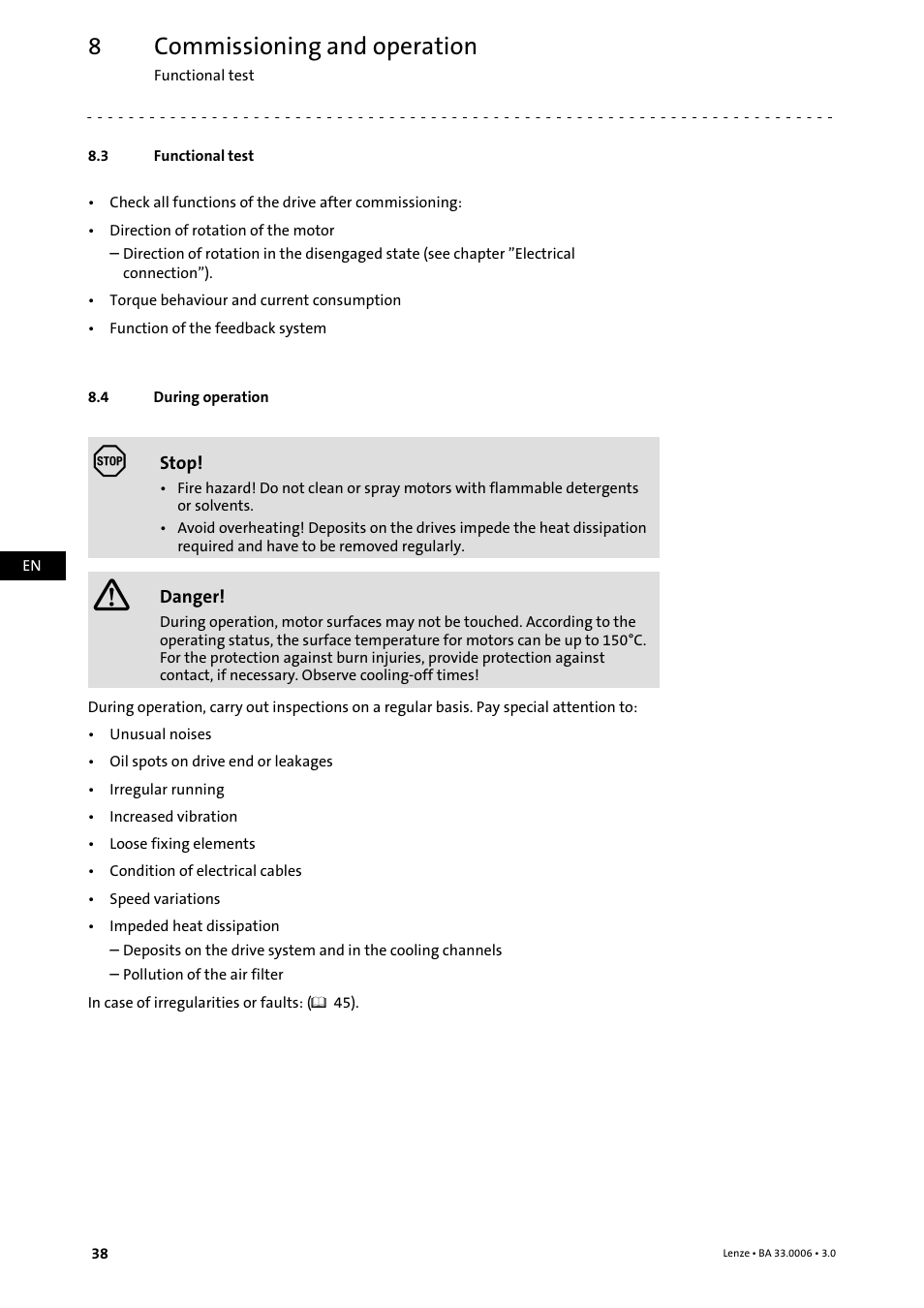 3 functional test, 4 during operation, Functional test | During operation, Commissioning and operation | Lenze MDFQA Operating Instructions User Manual | Page 38 / 48