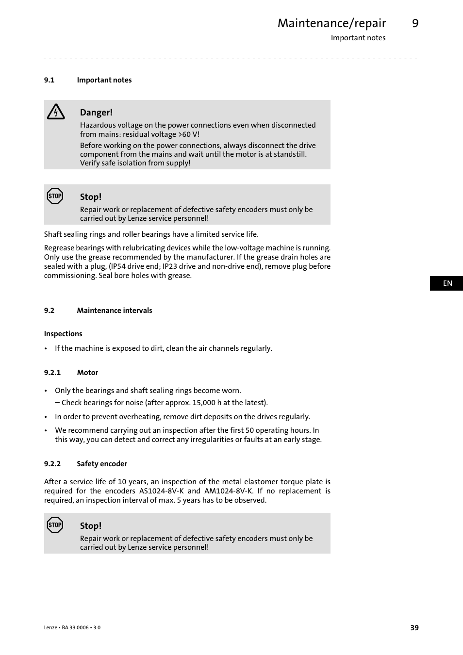 9 maintenance/repair, 1 important notes, 2 maintenance intervals | 1 motor, 2 safety encoder, Maintenance/repair, Important notes, Maintenance intervals, Motor, Safety encoder | Lenze MDFQA Operating Instructions User Manual | Page 39 / 48