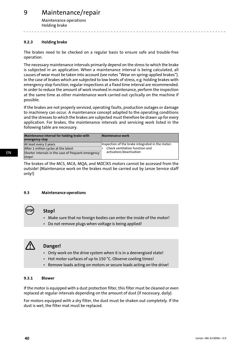 3 holding brake, 3 maintenance operations, 1 blower | Holding brake, Maintenance operations, Blower, Maintenance/repair | Lenze MDFQA Operating Instructions User Manual | Page 40 / 48