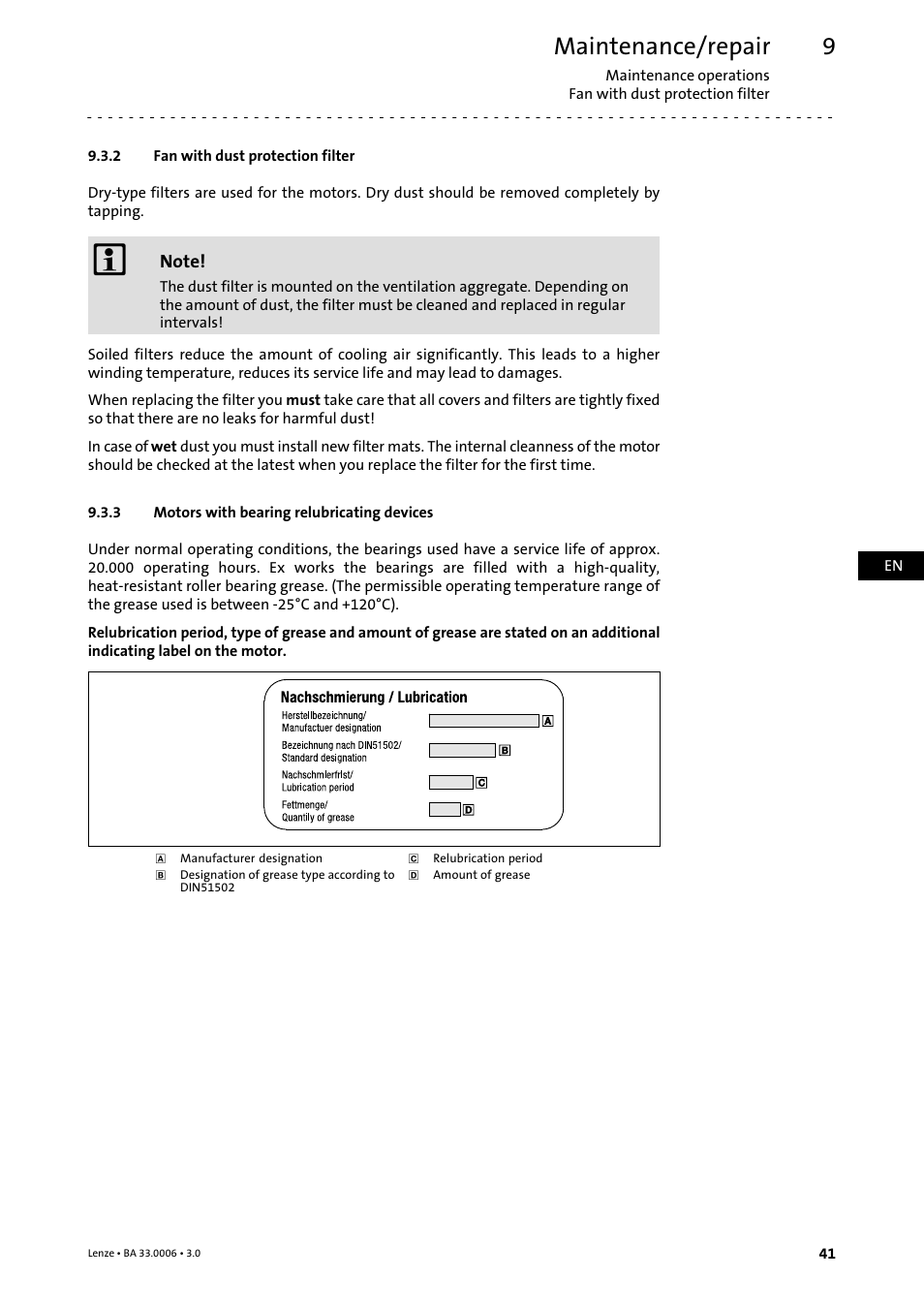 2 fan with dust protection filter, 3 motors with bearing relubricating devices, Fan with dust protection filter | Motors with bearing relubricating devices, Maintenance/repair | Lenze MDFQA Operating Instructions User Manual | Page 41 / 48