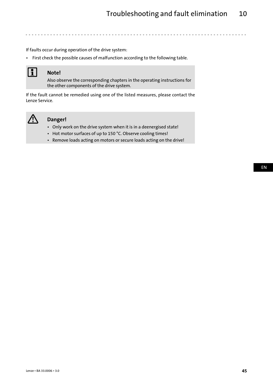 10 troubleshooting and fault elimination, Troubleshooting and fault elimination, Troubleshooting and fault elimination 10 | Lenze MDFQA Operating Instructions User Manual | Page 45 / 48