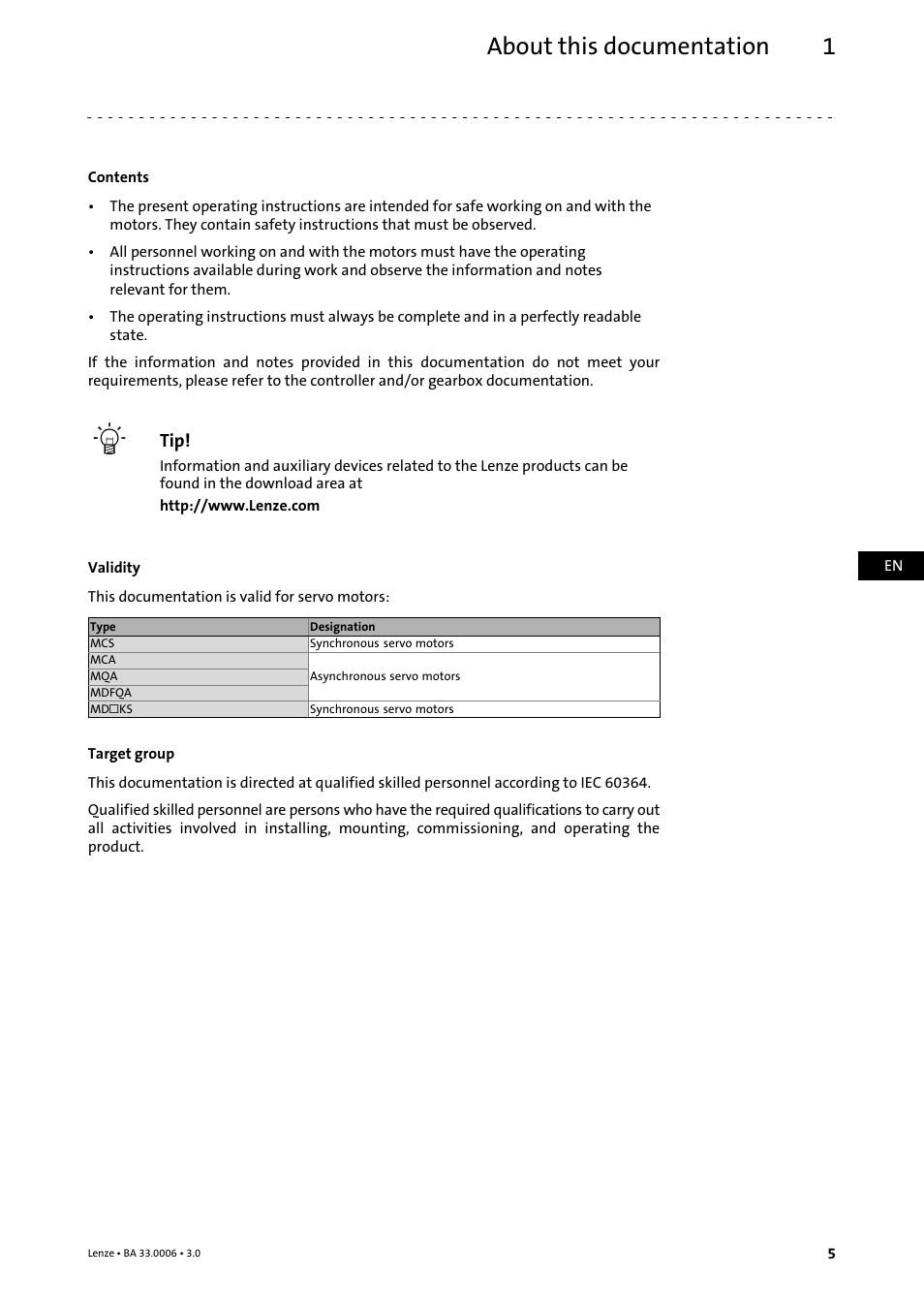 1 about this documentation, About this documentation, About this documentation 1 | Lenze MDFQA Operating Instructions User Manual | Page 5 / 48