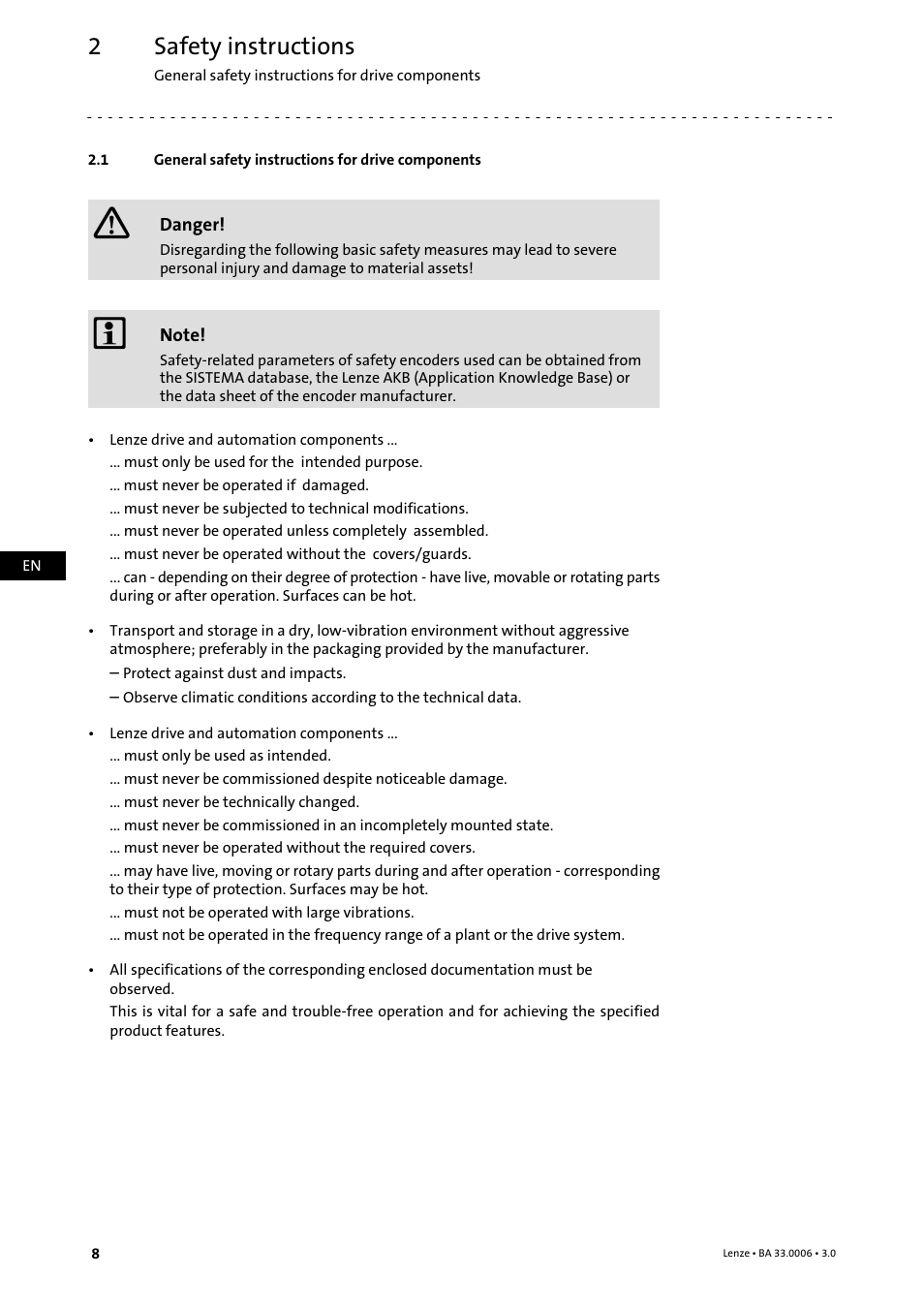 2 safety instructions, 1 general safety instructions for drive components, Safety instructions | General safety instructions for drive components | Lenze MDFQA Operating Instructions User Manual | Page 8 / 48