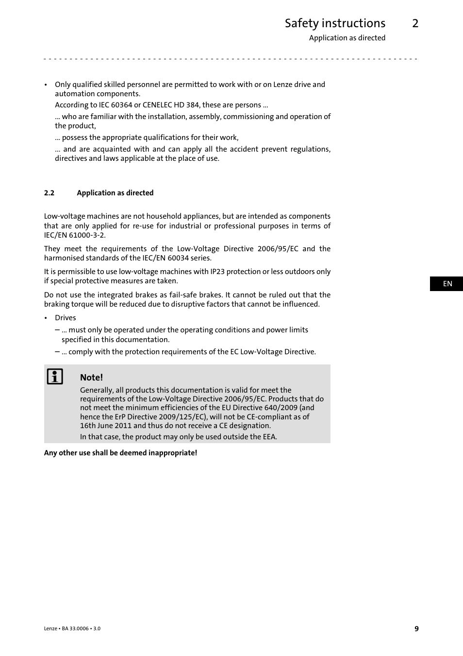 2 application as directed, Application as directed, Safety instructions | Lenze MDFQA Operating Instructions User Manual | Page 9 / 48