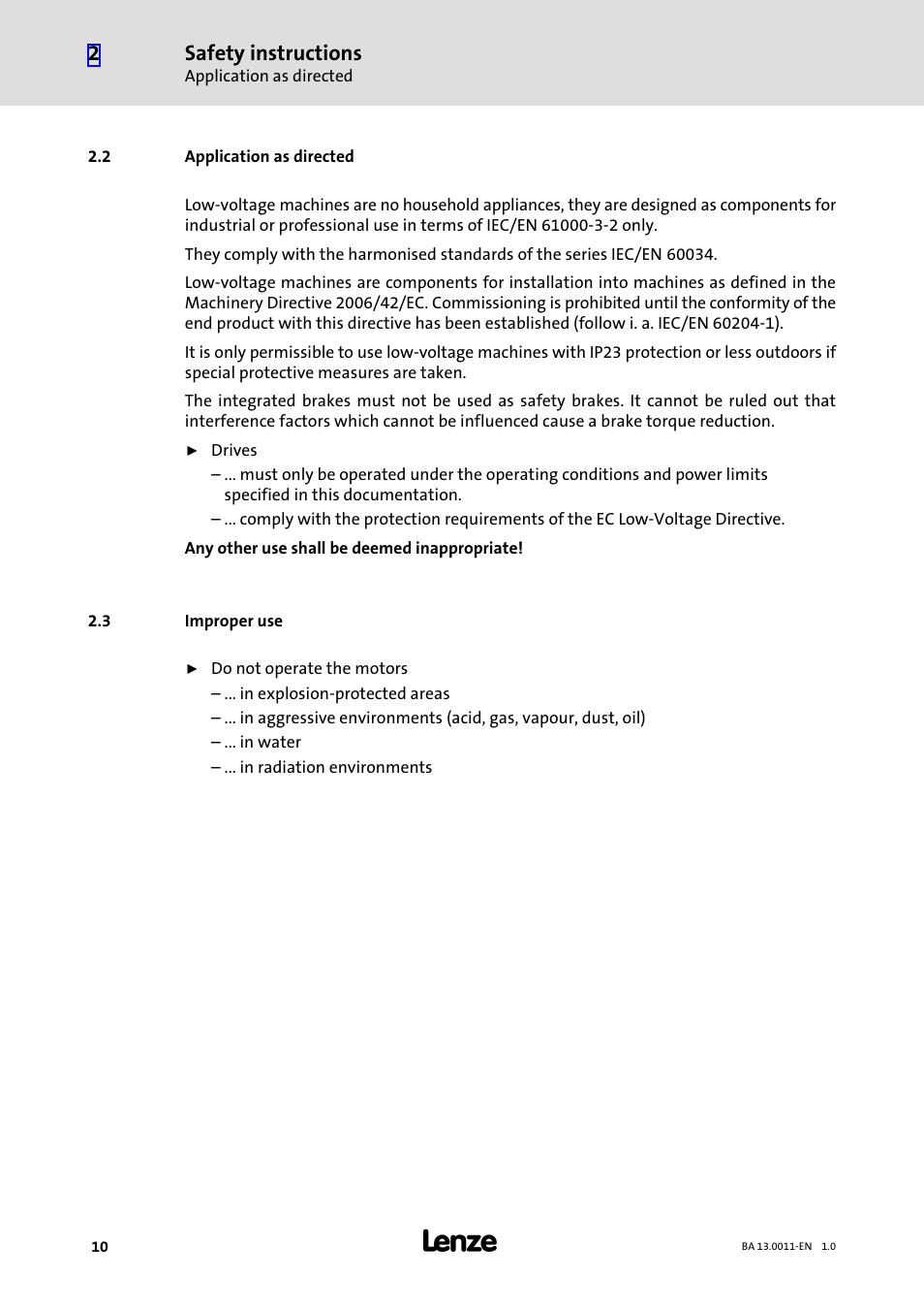 2 application as directed, 3 improper use, Application as directed | Improper use, Safety instructions | Lenze SDSGS User Manual | Page 10 / 40