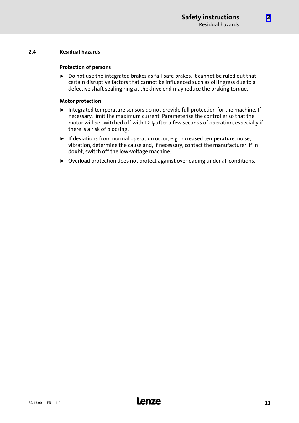 4 residual hazards, Residual hazards, Safety instructions | Lenze SDSGS User Manual | Page 11 / 40