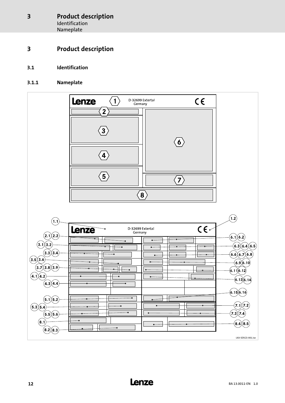 3 product description, 1 identification, 1 nameplate | Product description, Identification, Nameplate, 3product description | Lenze SDSGS User Manual | Page 12 / 40