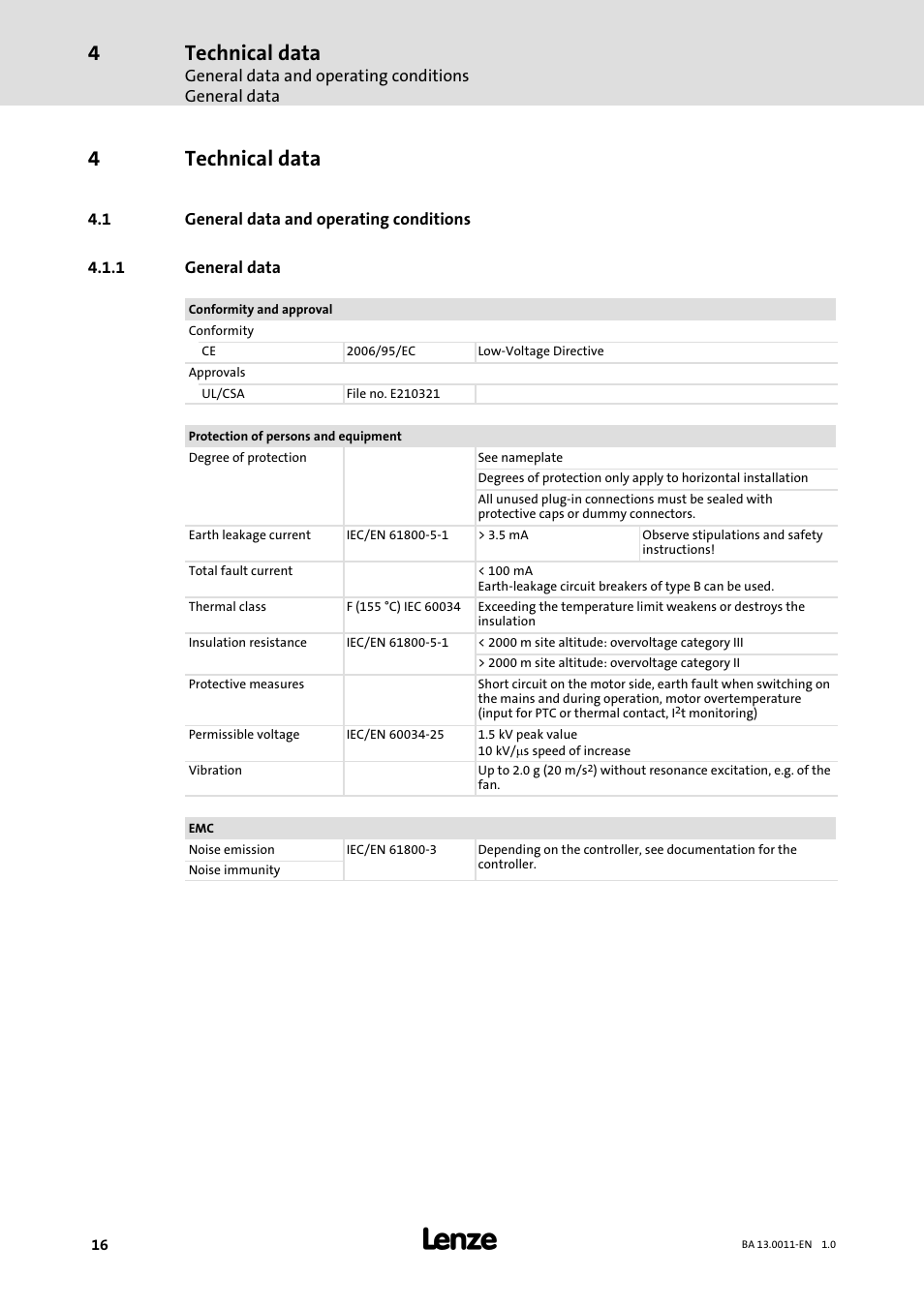 4 technical data, 1 general data and operating conditions, 1 general data | Technical data, General data and operating conditions, General data, 4technical data | Lenze SDSGS User Manual | Page 16 / 40