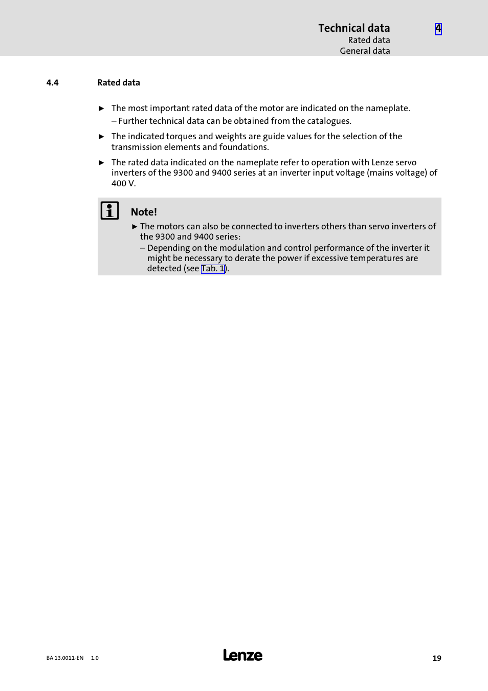4 rated data, Rated data, Technical data | Lenze SDSGS User Manual | Page 19 / 40