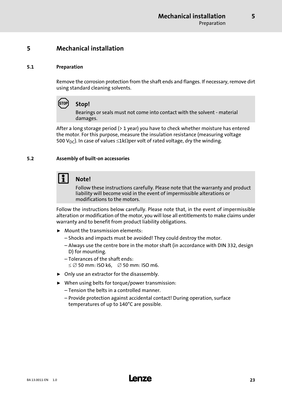 5 mechanical installation, 1 preparation, 2 assembly of built-on accessories | Mechanical installation, Preparation, Assembly of built−on accessories | Lenze SDSGS User Manual | Page 23 / 40