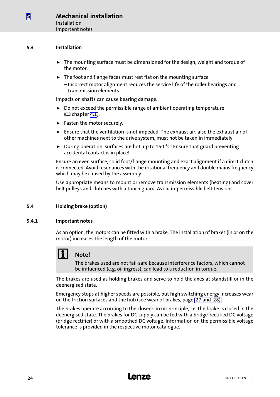 3 installation, 4 holding brake (option), 1 important notes | Installation, Holding brake (option), Important notes, Mechanical installation | Lenze SDSGS User Manual | Page 24 / 40