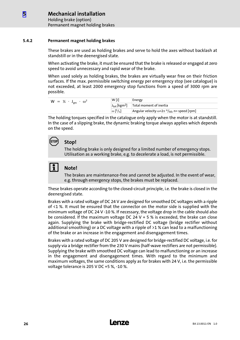 2 permanent magnet holding brakes, Permanent magnet holding brakes, Mechanical installation | Stop | Lenze SDSGS User Manual | Page 26 / 40