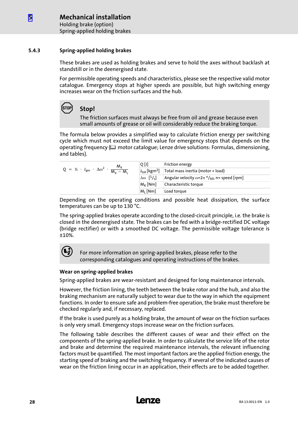 3 spring-applied holding brakes, Spring−applied holding brakes, Mechanical installation | Stop | Lenze SDSGS User Manual | Page 28 / 40