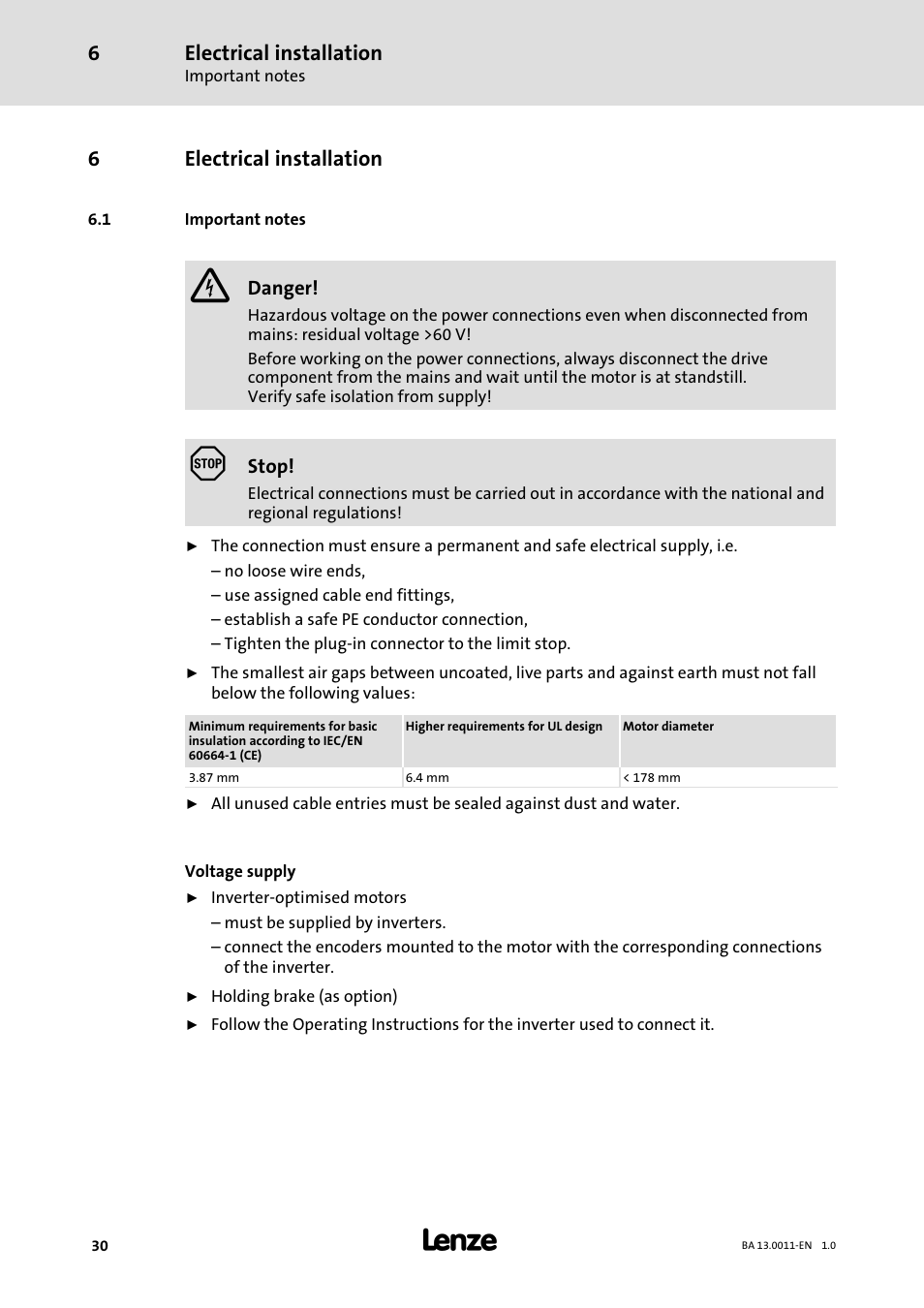 6 electrical installation, 1 important notes, Electrical installation | Important notes, 6electrical installation | Lenze SDSGS User Manual | Page 30 / 40