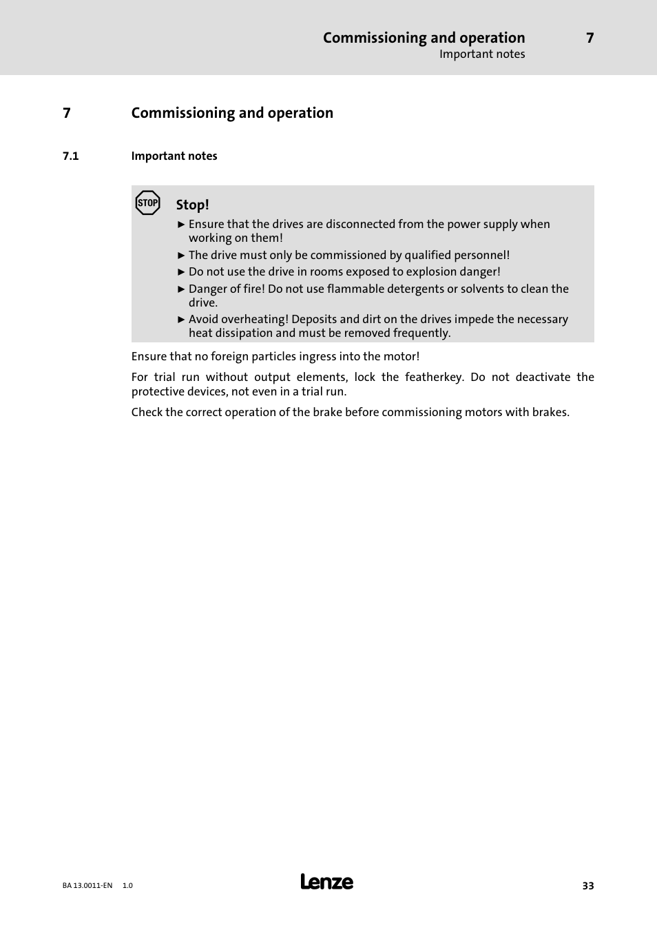 7 commissioning and operation, 1 important notes, Commissioning and operation | Important notes, 7commissioning and operation | Lenze SDSGS User Manual | Page 33 / 40