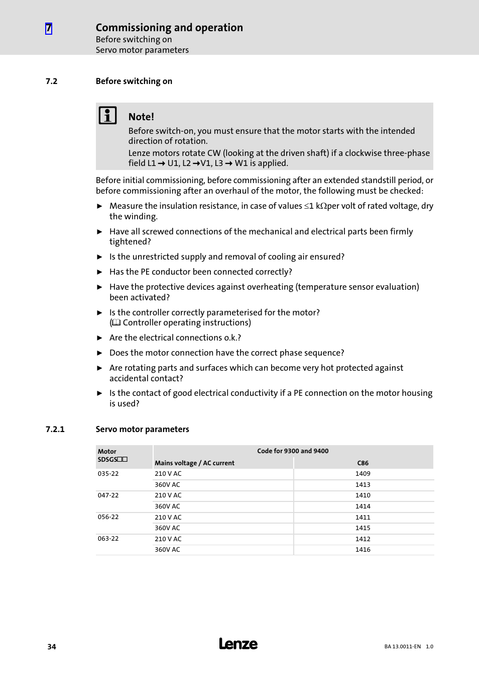 2 before switching on, 1 servo motor parameters, Before switching on | Servo motor parameters, Commissioning and operation | Lenze SDSGS User Manual | Page 34 / 40