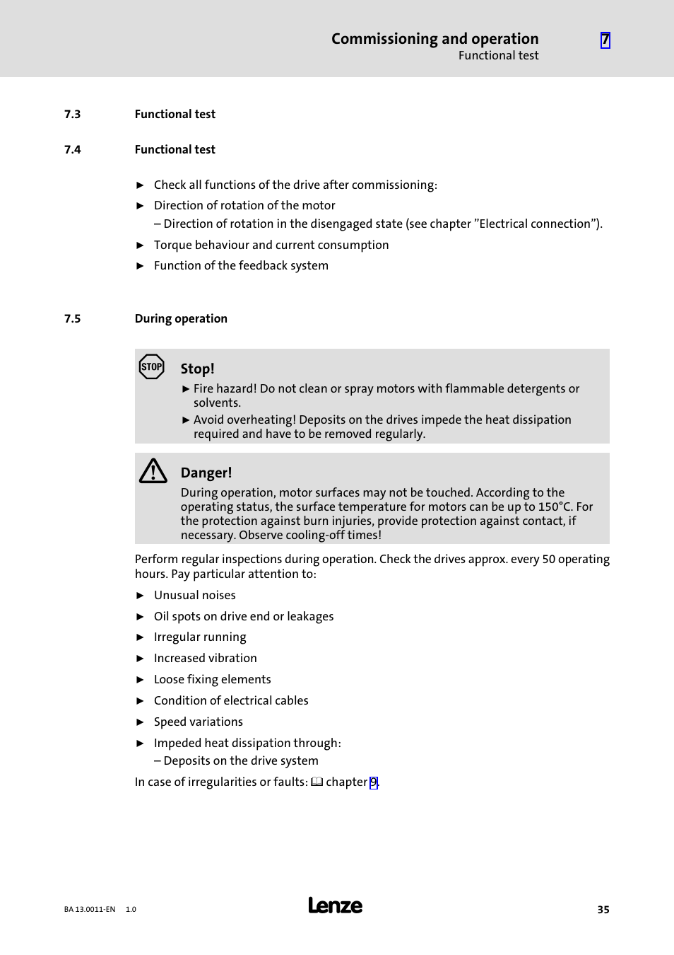 3 functional test, 4 functional test, 5 during operation | Functional test, During operation, Commissioning and operation | Lenze SDSGS User Manual | Page 35 / 40