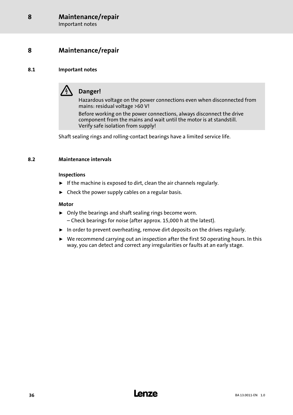 8 maintenance/repair, 1 important notes, 2 maintenance intervals | Maintenance/repair, Important notes, Maintenance intervals, 8maintenance/repair | Lenze SDSGS User Manual | Page 36 / 40