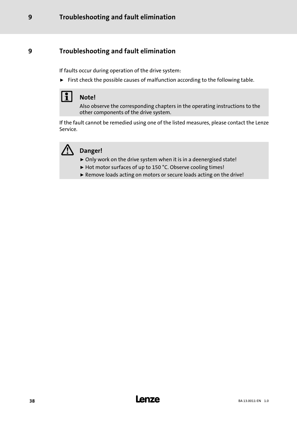 9 troubleshooting and fault elimination, Troubleshooting and fault elimination | Lenze SDSGS User Manual | Page 38 / 40