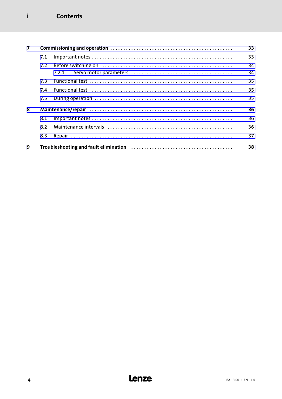 Contents i | Lenze SDSGS User Manual | Page 4 / 40