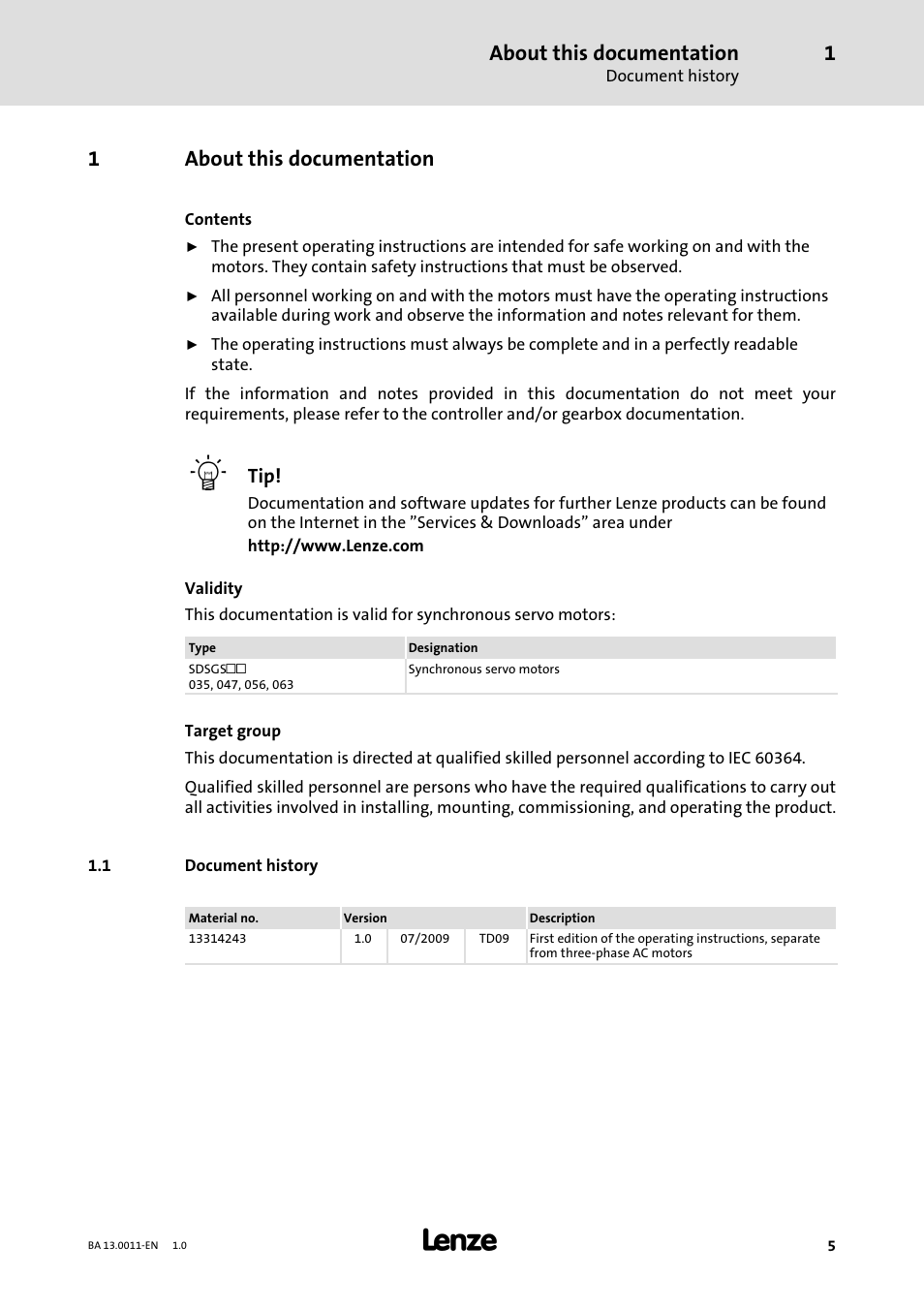 1 about this documentation, 1 document history, About this documentation | Document history, 1about this documentation | Lenze SDSGS User Manual | Page 5 / 40