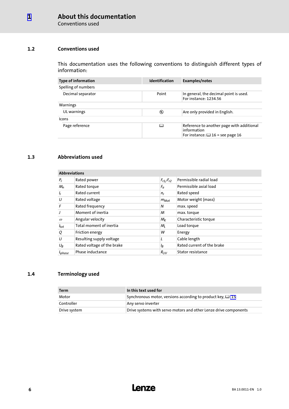 2 conventions used, 3 abbreviations used, 4 terminology used | Conventions used, Abbreviations used, Terminology used, About this documentation | Lenze SDSGS User Manual | Page 6 / 40