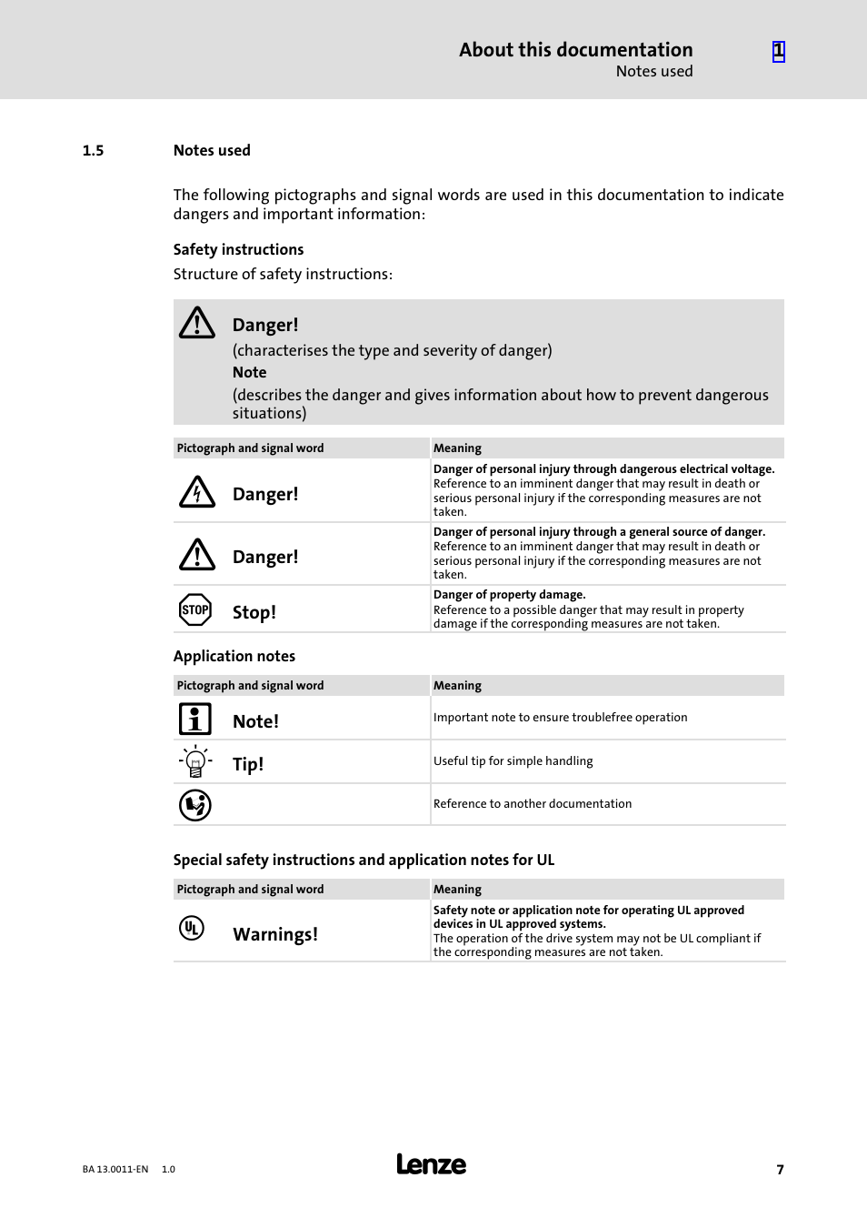 5 notes used, Notes used | Lenze SDSGS User Manual | Page 7 / 40