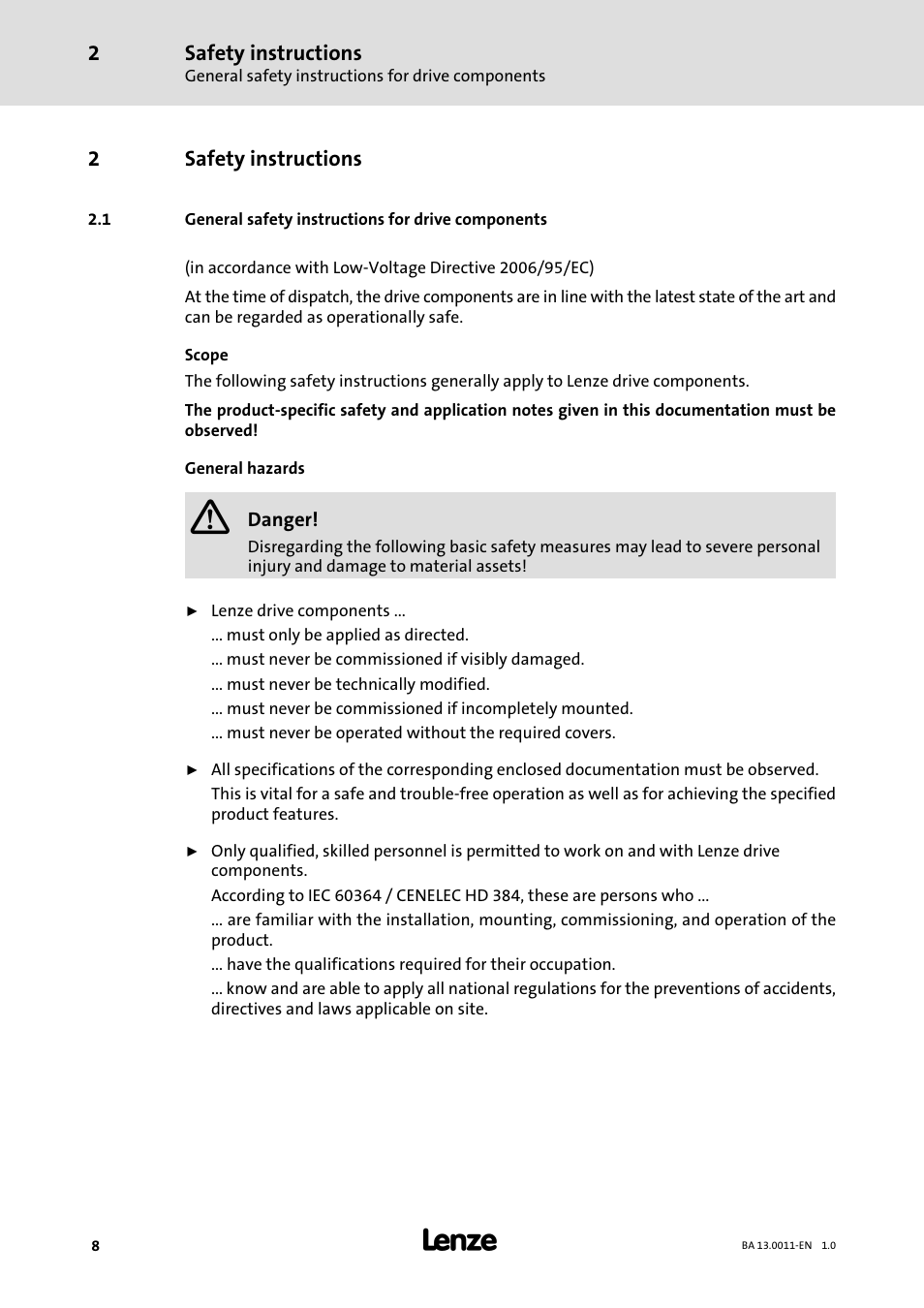 2 safety instructions, 1 general safety instructions for drive components, Safety instructions | General safety instructions for drive components | Lenze SDSGS User Manual | Page 8 / 40