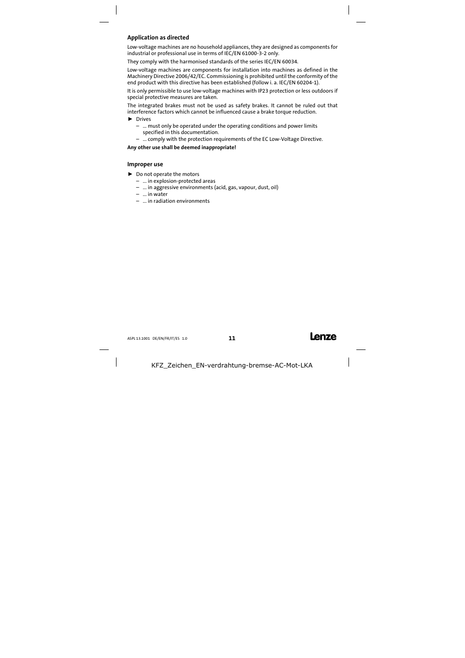 Application as directed, Improper use | Lenze 13.750 Three-phase AC motors User Manual | Page 11 / 37