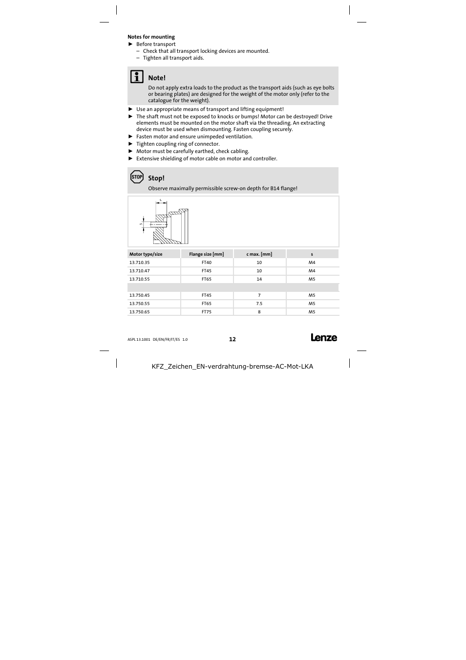 Notes for mounting | Lenze 13.750 Three-phase AC motors User Manual | Page 12 / 37