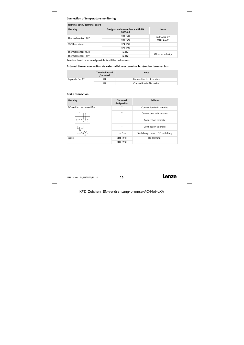 Connection of temperature monitoring, Brake connection | Lenze 13.750 Three-phase AC motors User Manual | Page 15 / 37