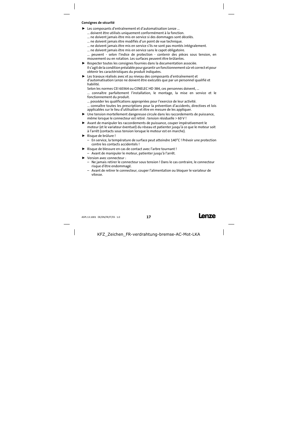 Consignes de sécurité | Lenze 13.750 Three-phase AC motors User Manual | Page 17 / 37