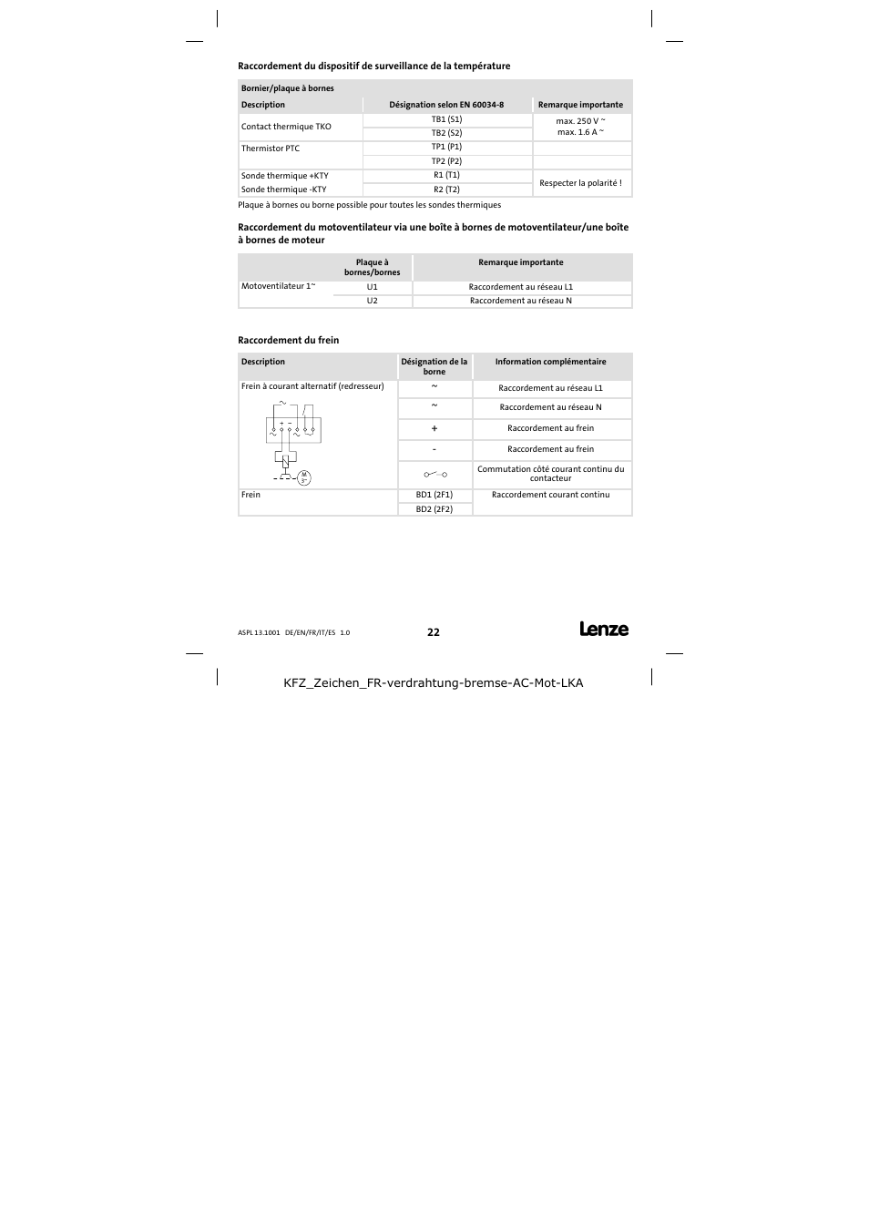 Raccordement du frein | Lenze 13.750 Three-phase AC motors User Manual | Page 22 / 37