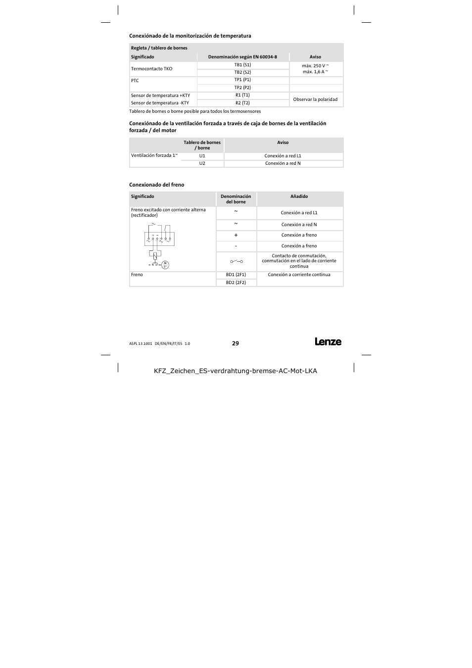 Conexiónado de la monitorización de temperatura, Conexionado del freno | Lenze 13.750 Three-phase AC motors User Manual | Page 29 / 37