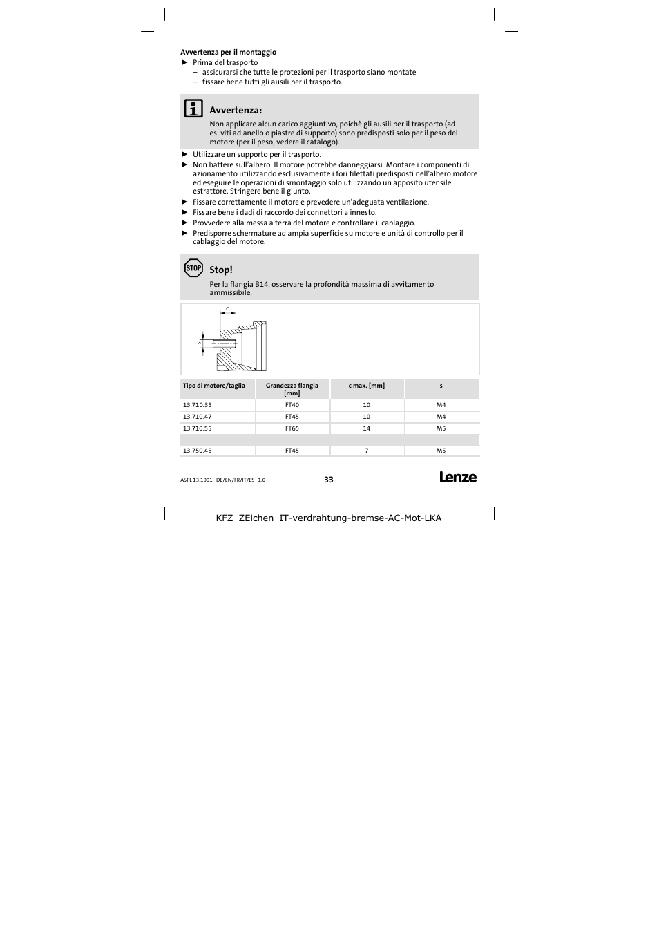 Avvertenza per il montaggio | Lenze 13.750 Three-phase AC motors User Manual | Page 33 / 37