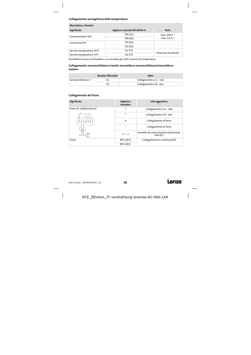 Collegamento sorveglianza della temperatura, Collegamento del freno | Lenze 13.750 Three-phase AC motors User Manual | Page 36 / 37