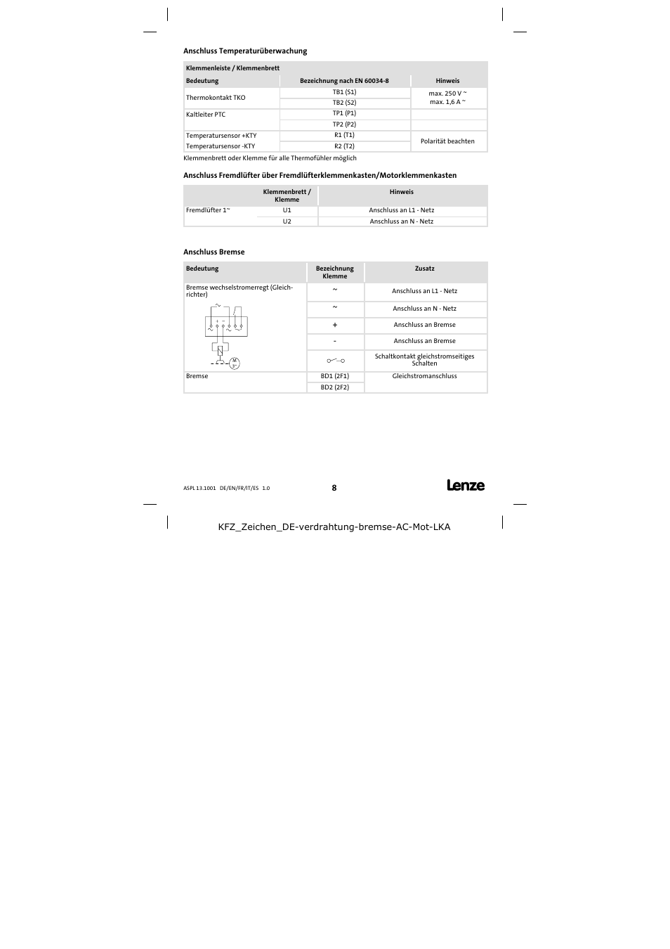 Anschluss temperaturüberwachung, Anschluss bremse | Lenze 13.750 Three-phase AC motors User Manual | Page 8 / 37