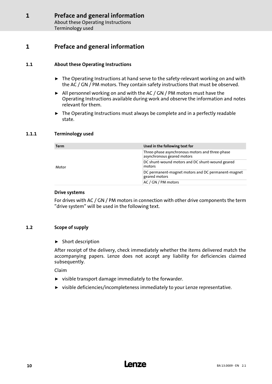 1 preface and general information, 1 about these operating instructions, 1 terminology used | 2 scope of supply, Preface and general information, About these operating instructions, Terminology used, Scope of supply, 1preface and general information | Lenze 13.7xx Motors-Geared motors User Manual | Page 10 / 56