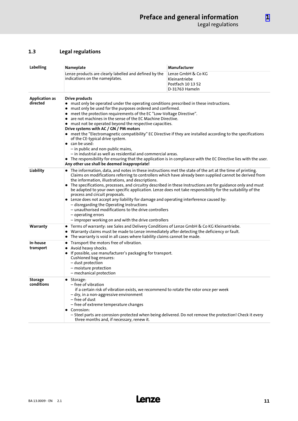 3 legal regulations, Legal regulations, Preface and general information | Lenze 13.7xx Motors-Geared motors User Manual | Page 11 / 56