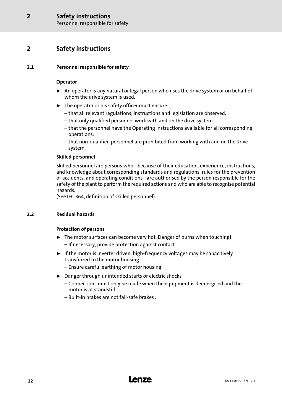 2 safety instructions, 1 personnel responsible for safety, 2 residual hazards | Safety instructions, Personnel responsible for safety, Residual hazards, 2safety instructions | Lenze 13.7xx Motors-Geared motors User Manual | Page 12 / 56