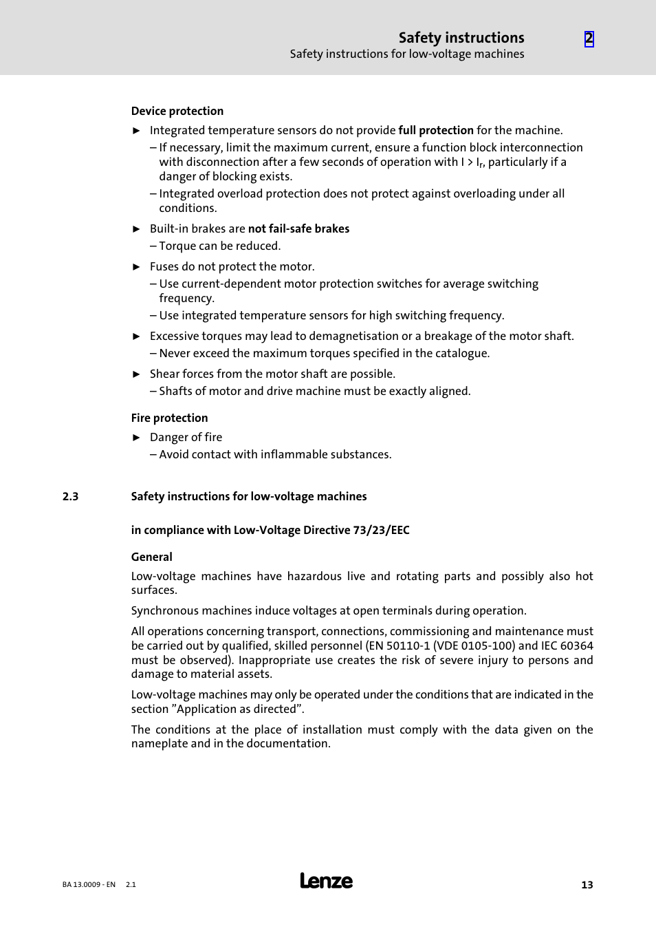 3 safety instructions for low-voltage machines, Safety instructions for low−voltage machines, Safety instructions | Lenze 13.7xx Motors-Geared motors User Manual | Page 13 / 56