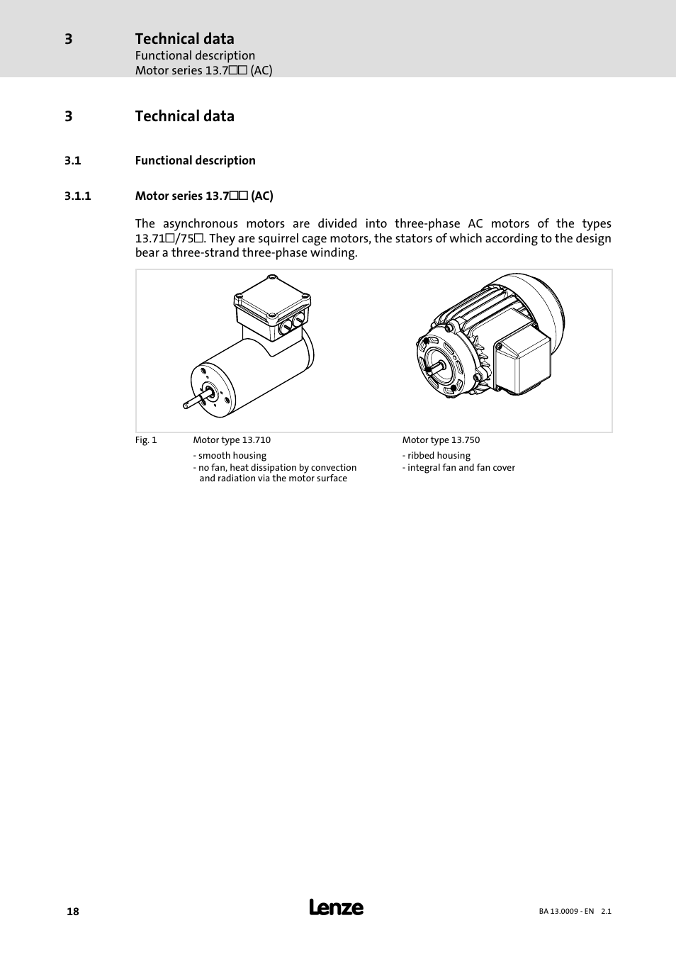 3 technical data, 1 functional description, 1 motor series 13.7 (ac) | Technical data, Functional description, Motor series 13.7ll (ac), 3technical data | Lenze 13.7xx Motors-Geared motors User Manual | Page 18 / 56