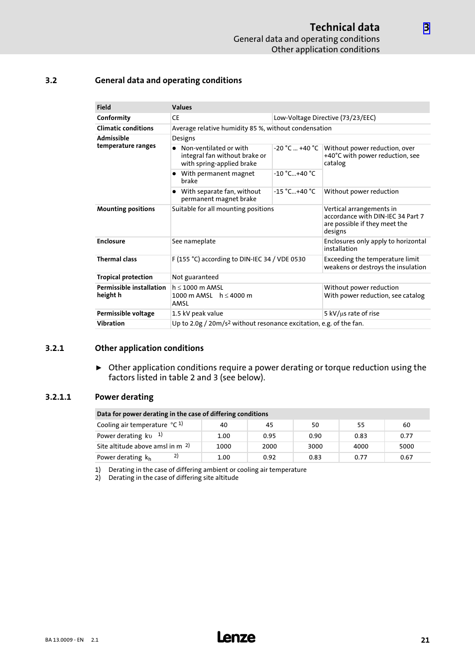 2 general data and operating conditions, 1 other application conditions, Chapter 3.2 | General data and operating conditions, Other application conditions, Technical data | Lenze 13.7xx Motors-Geared motors User Manual | Page 21 / 56