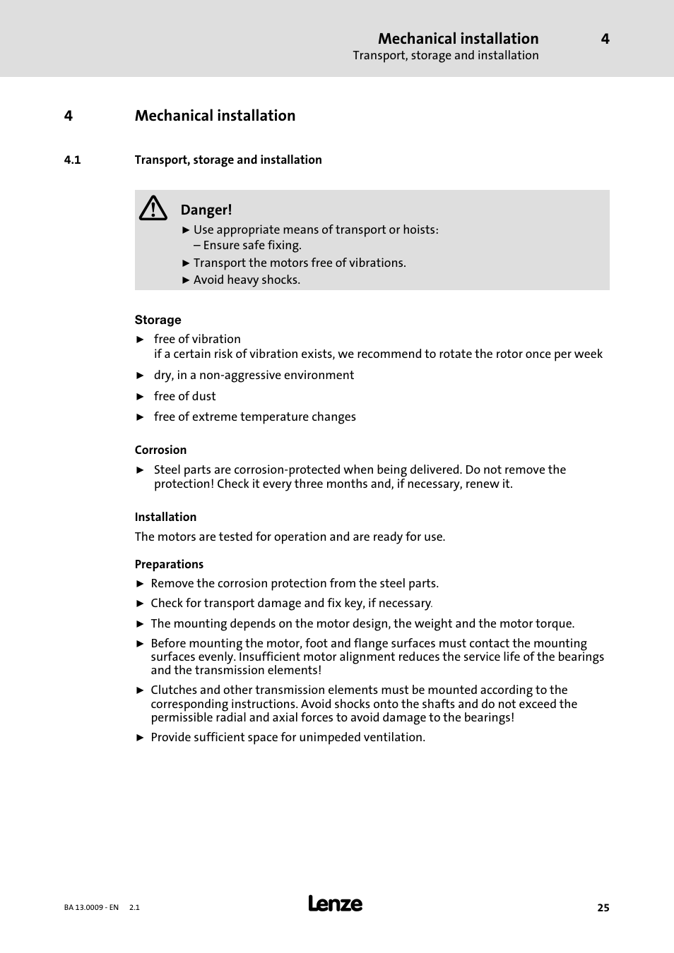 4 mechanical installation, 1 transport, storage and installation, Mechanical installation | Transport, storage and installation, 4mechanical installation | Lenze 13.7xx Motors-Geared motors User Manual | Page 25 / 56